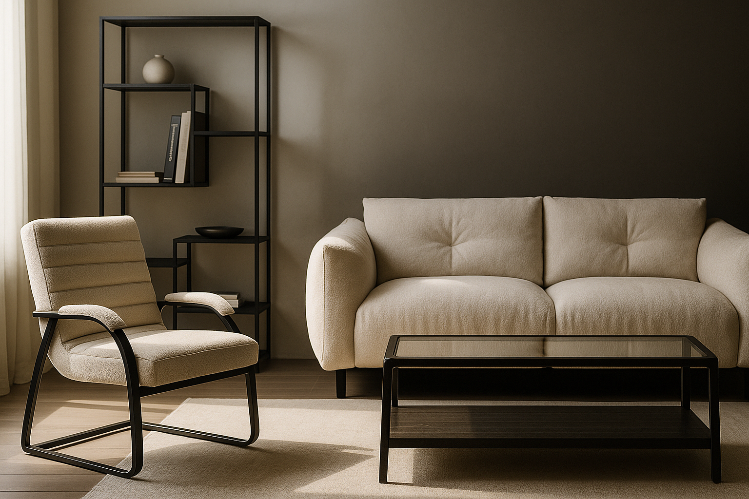Minimalist living room with boucle accent chair, cream sofa, black shelving, and glass coffee table in natural daylight.