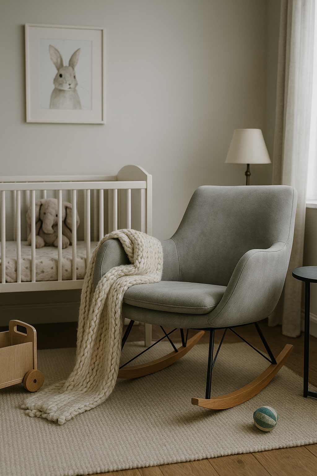 Grey Rocking Chair Nursery Corner in a Calming Neutral Baby Room UK