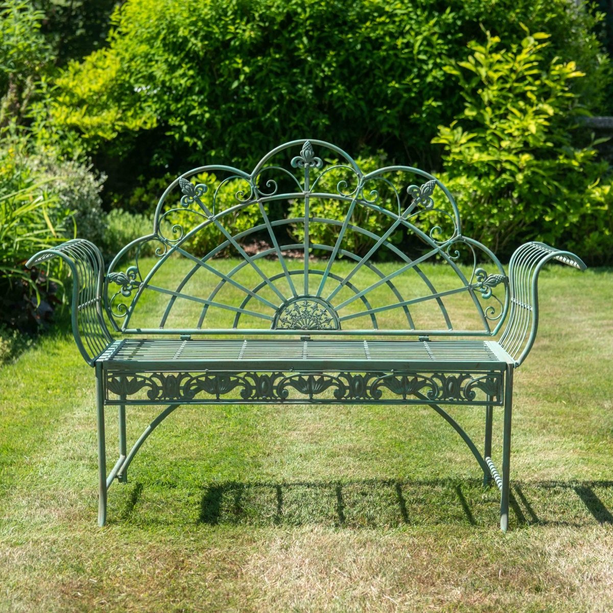 Peacock Metal Bench Vintage Green wrought iron garden bench Opulent Co