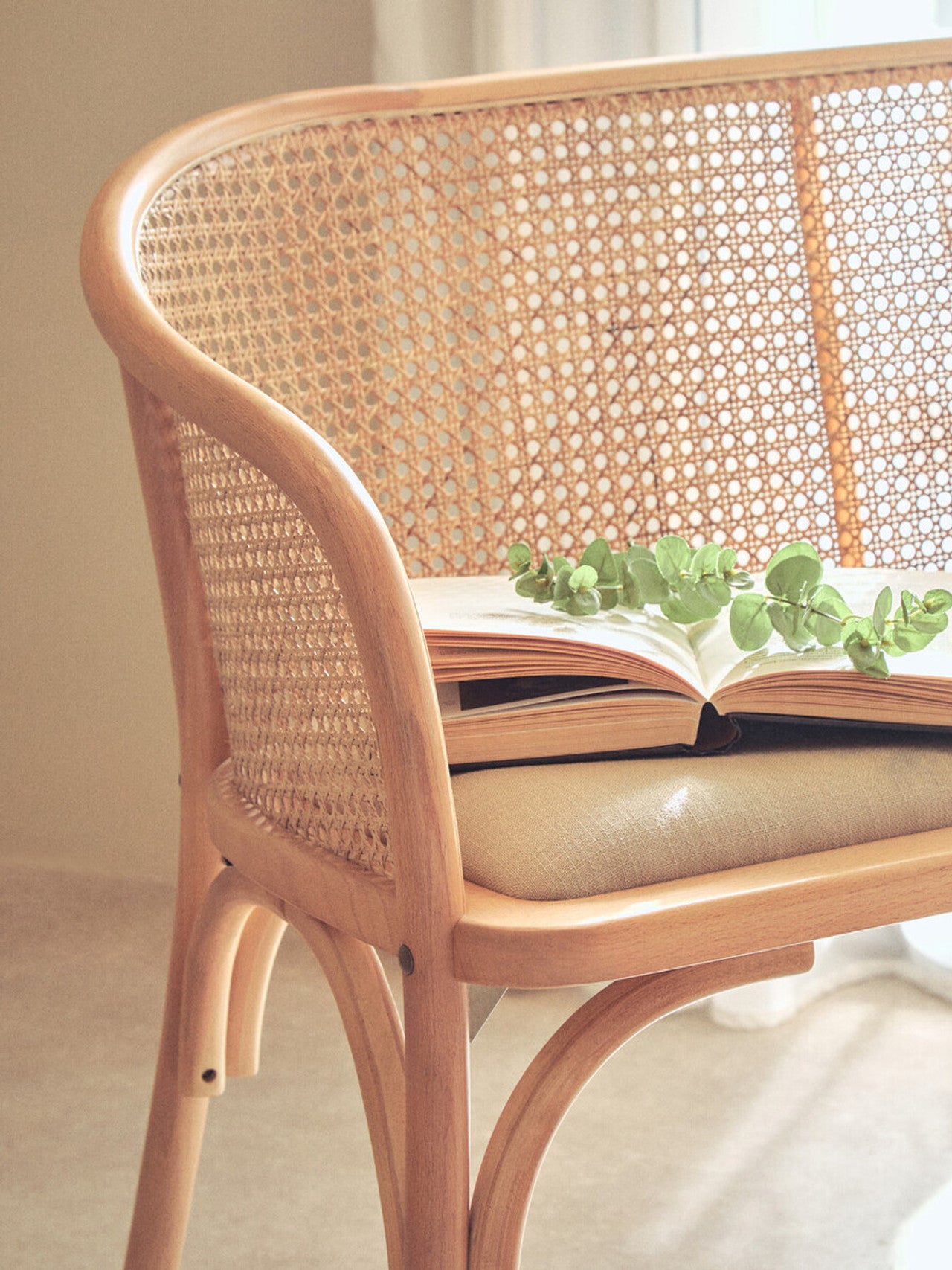 Nino Natural Cane and Beech Wood Bench with Backrest