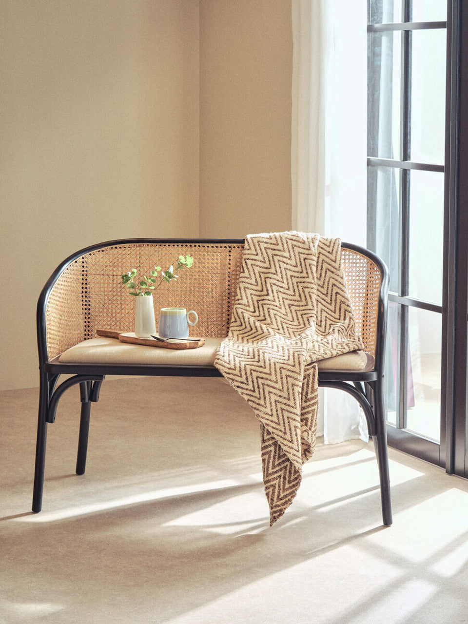 Nino Natural Cane Bench with Black Beech Wood Frame