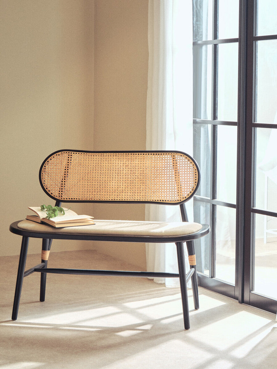 Nino Natural Cane Bench with Black Elm Wood Frame