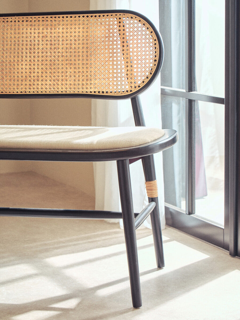 Nino Natural Cane Bench with Black Elm Wood Frame