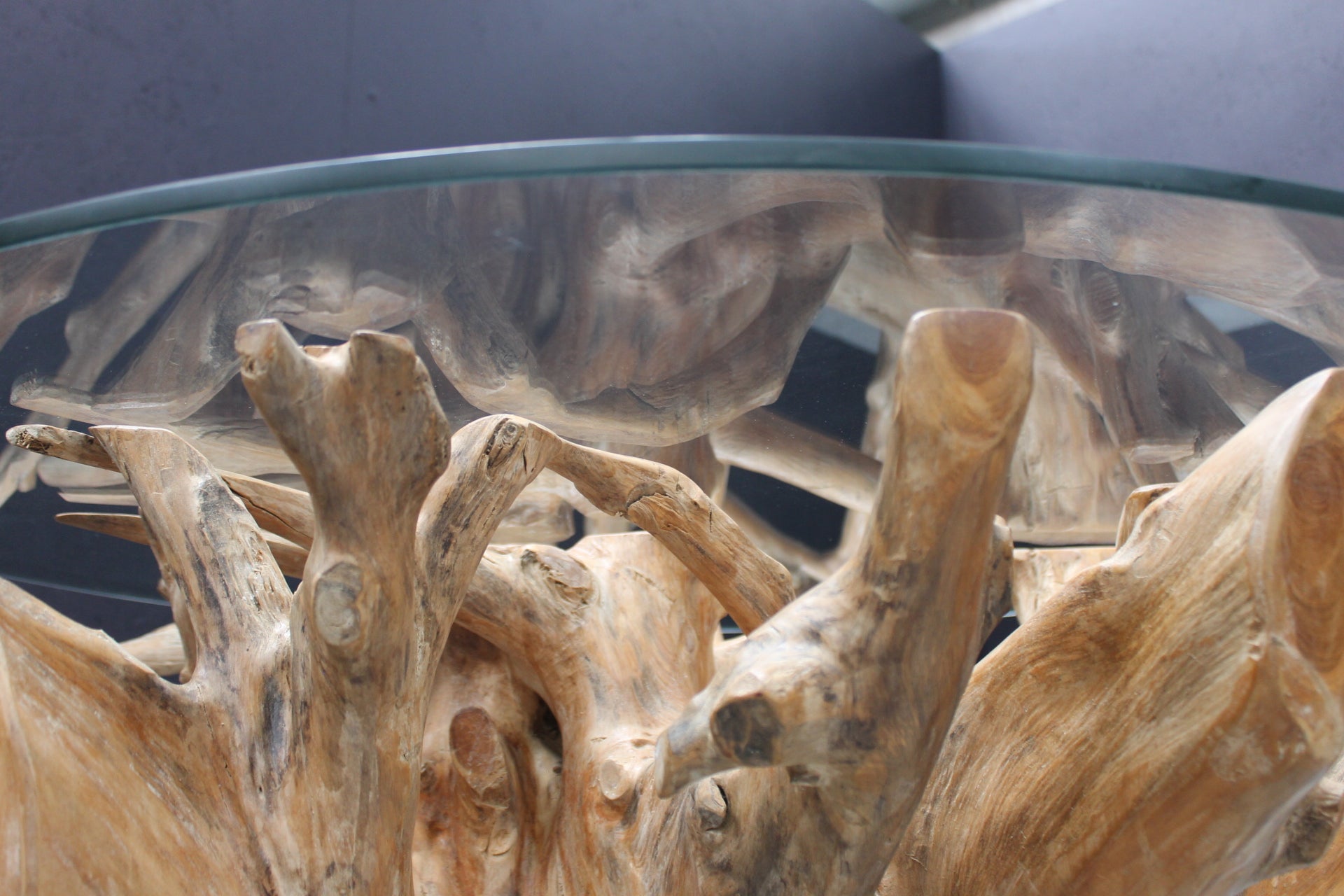Teak Root 1.3m Round Dining Table with Glass Top