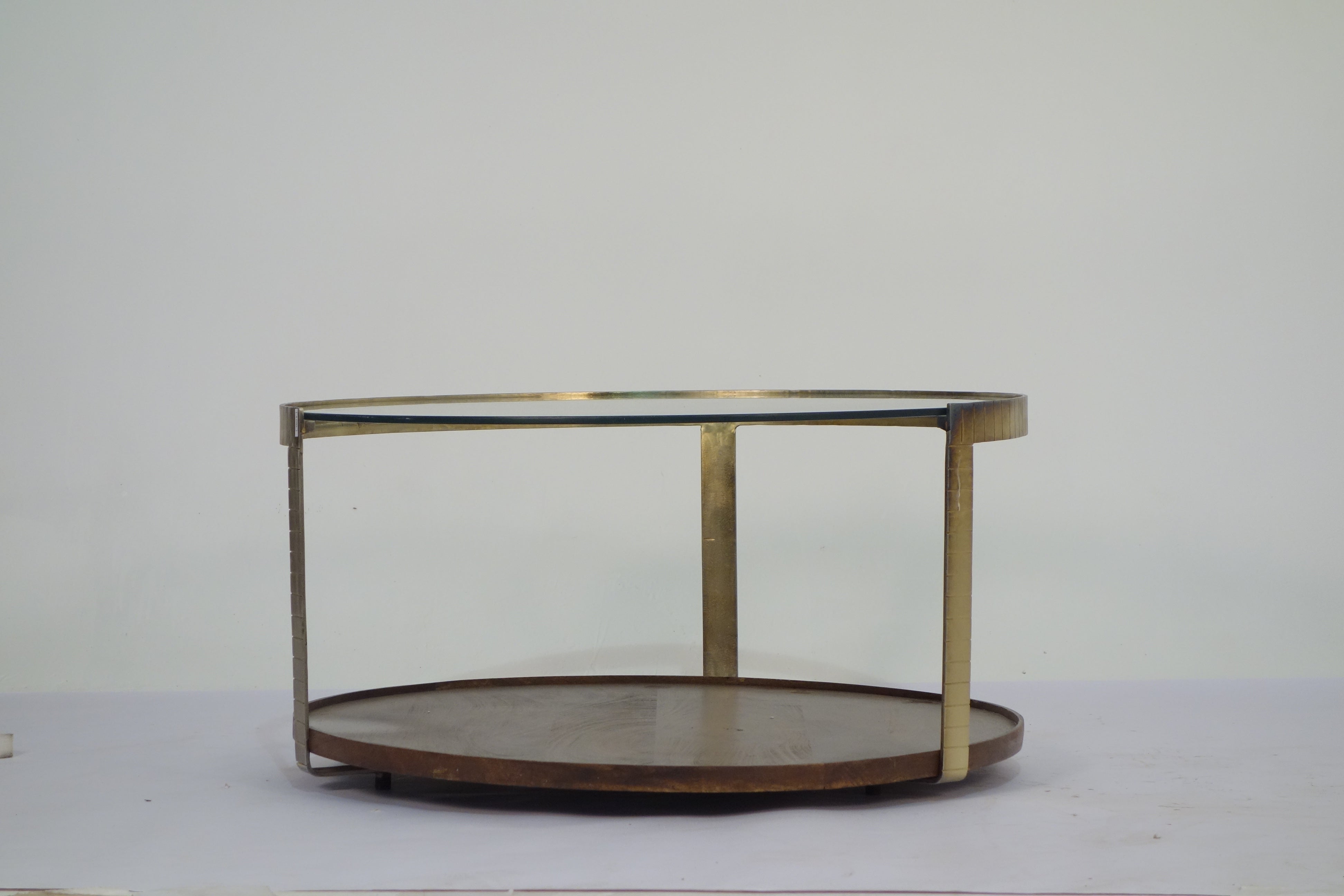 Iron Round Glass Wood Trey Coffee Table