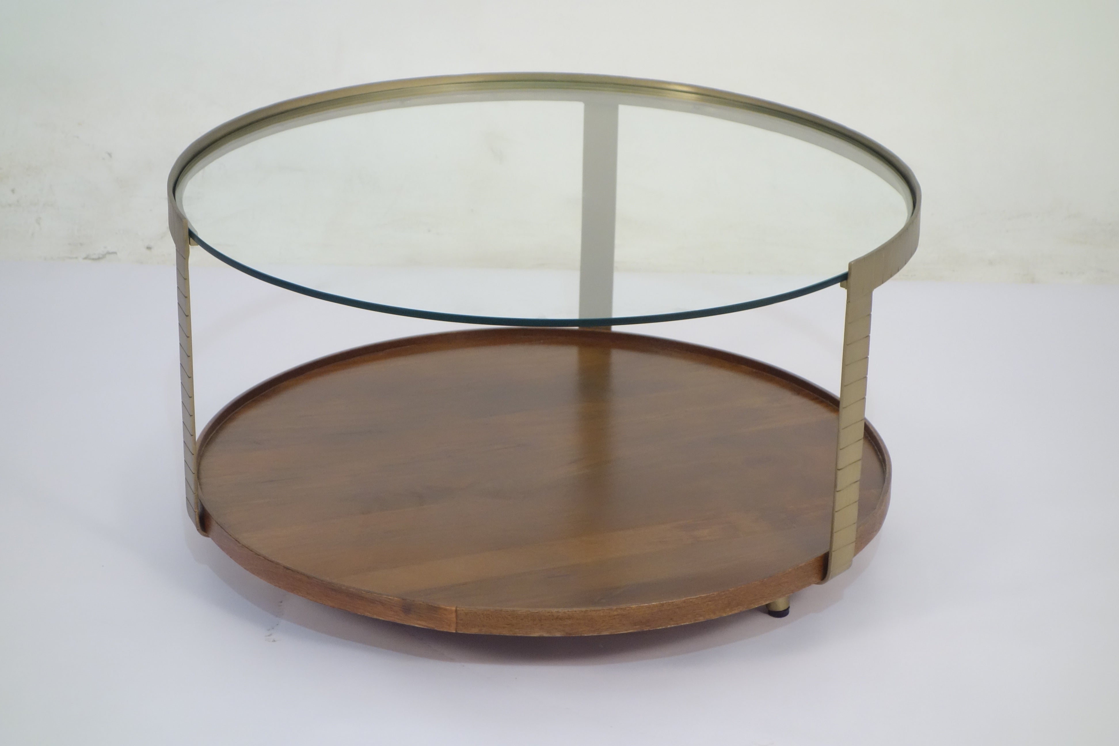 Iron Round Glass Wood Trey Coffee Table