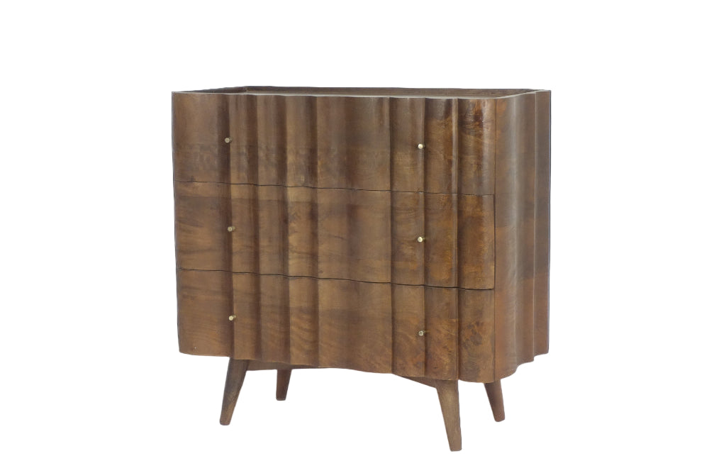 Wooden dresser with a ribbed design on a white background