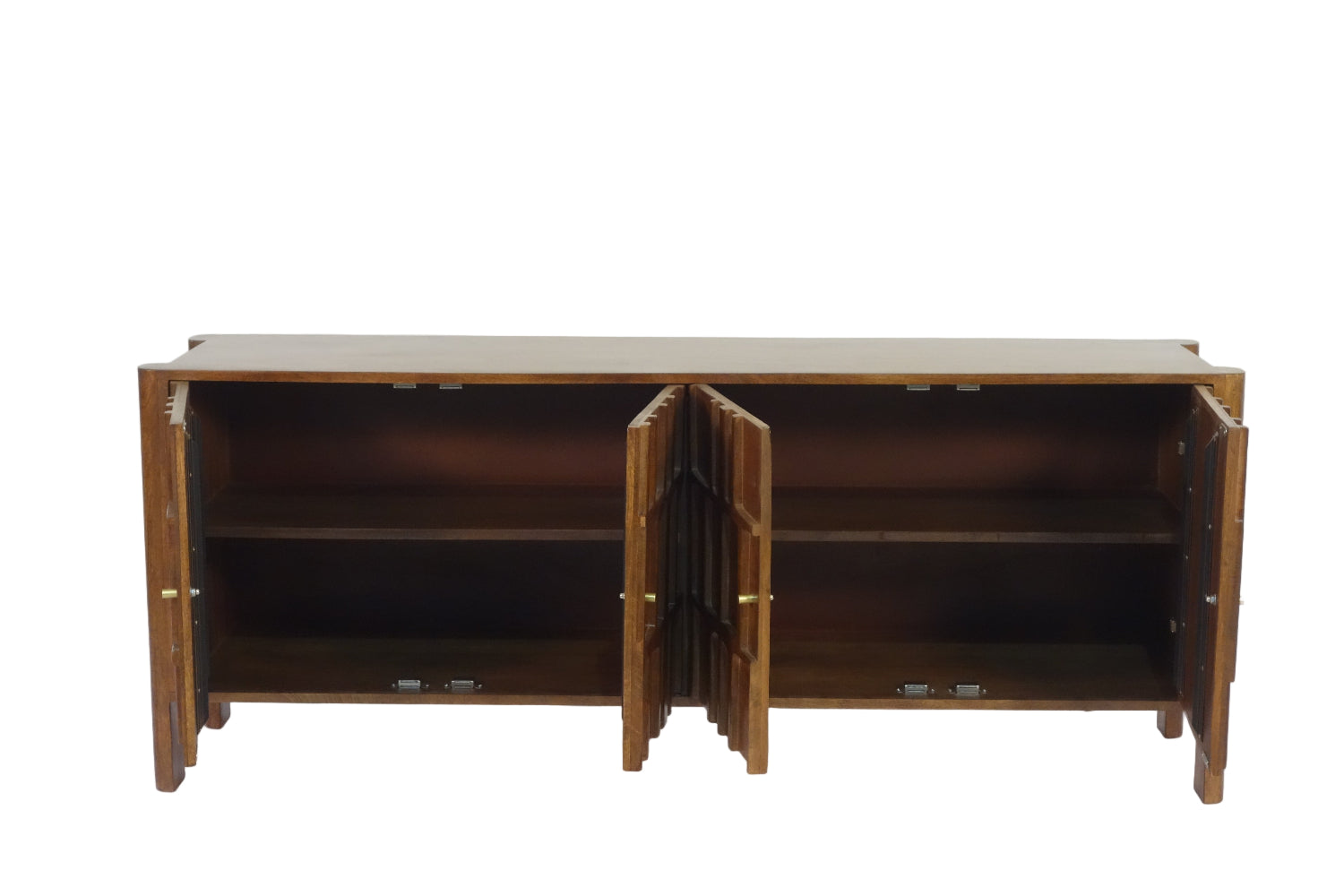 Wooden sideboard with open doors on a white background