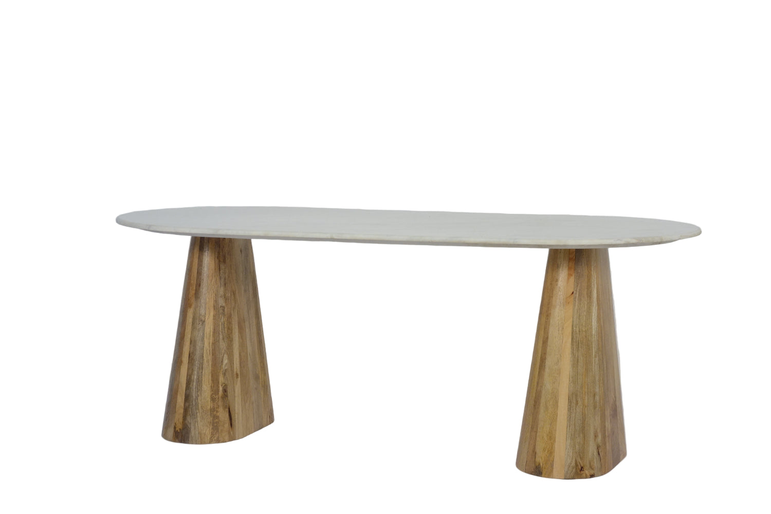 Round table with a white marble top and wooden legs on a white background