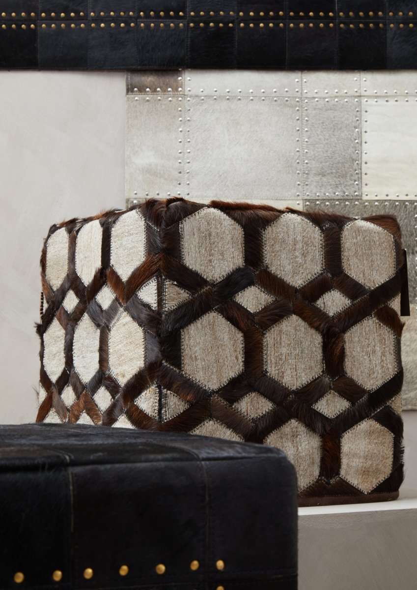 Fern Genuine Grey Leather Pouffe - OPULENT co