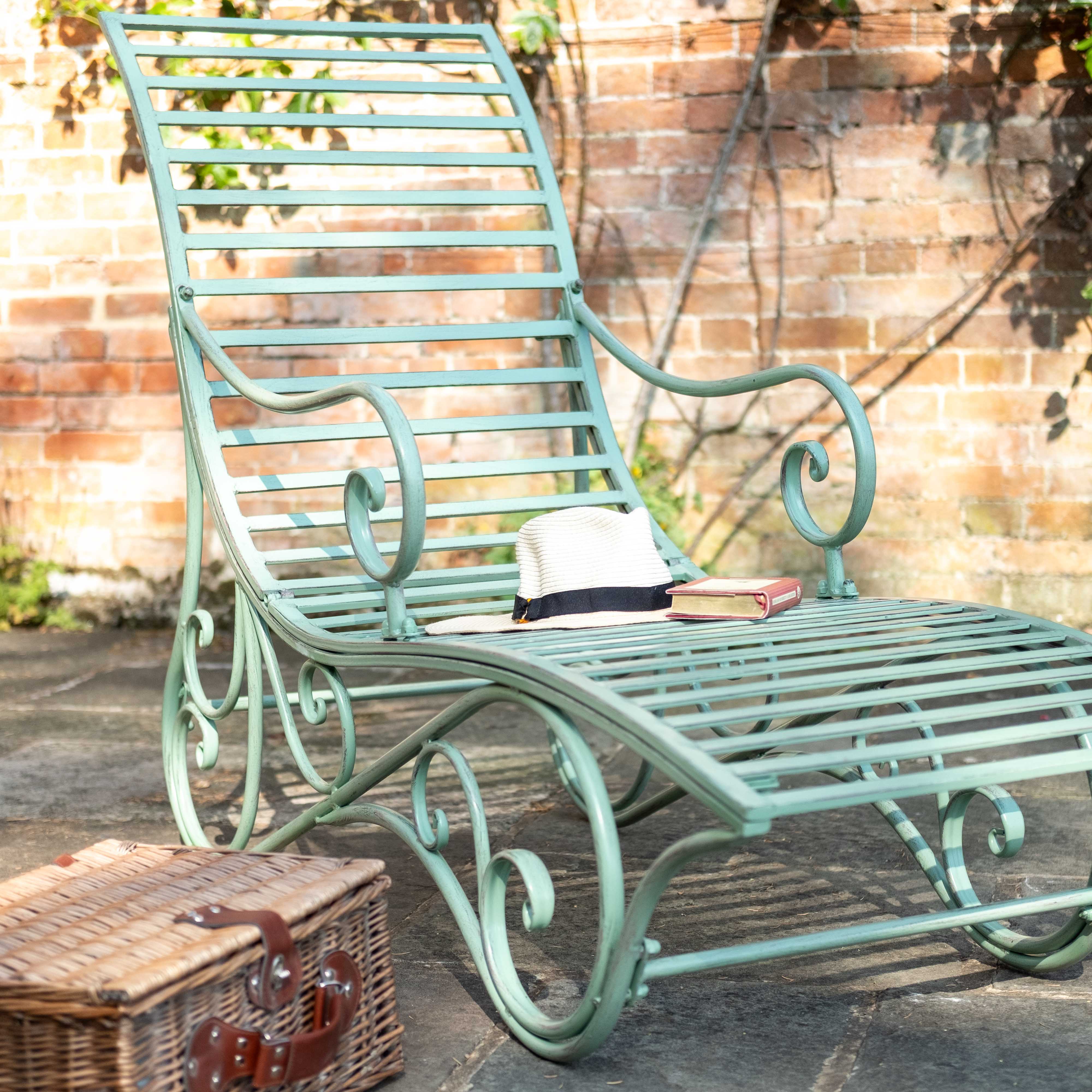 Sage Green Metal Garden Lounger with Cushion | Giverny Range | Opulent Co