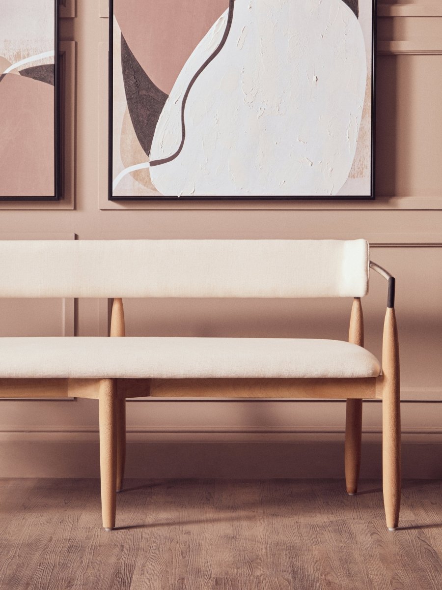 Marivon Bench Cream Textured Dining Bench With Wood Frame - OPULENT Co