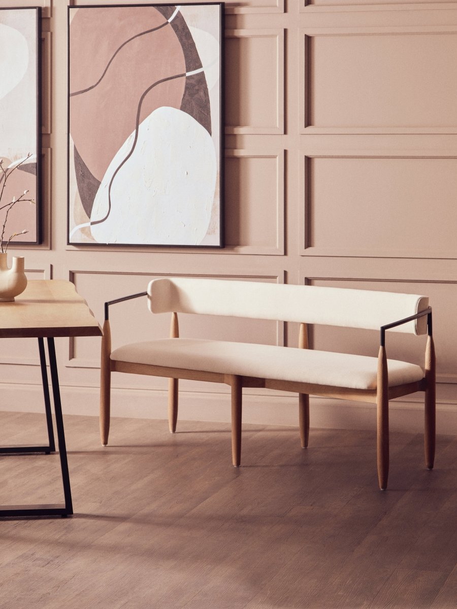 Marivon Bench Cream Textured Dining Bench With Wood Frame - OPULENT Co