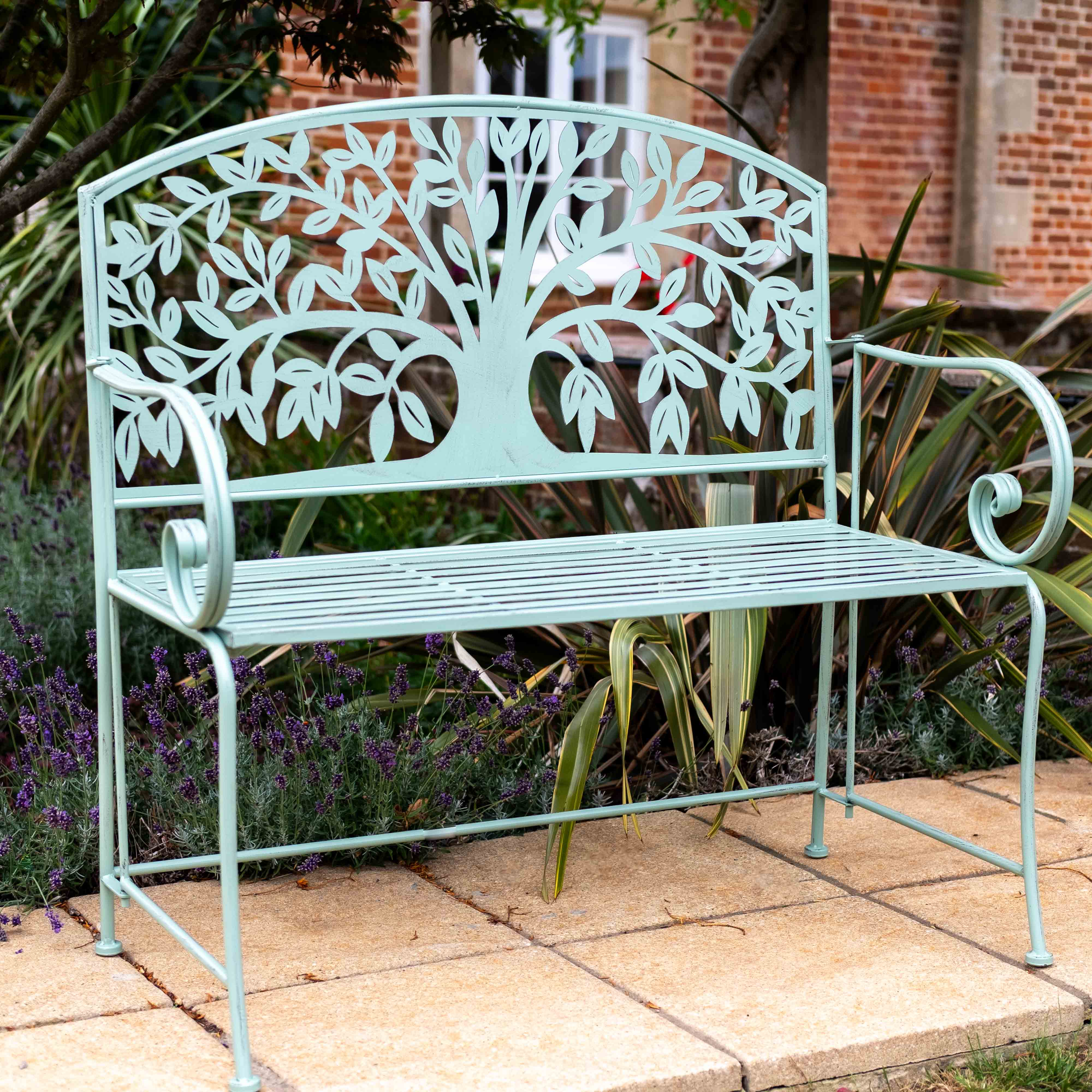 Tree of Life Metal Garden Bench in Woodland Green | Opulent Co