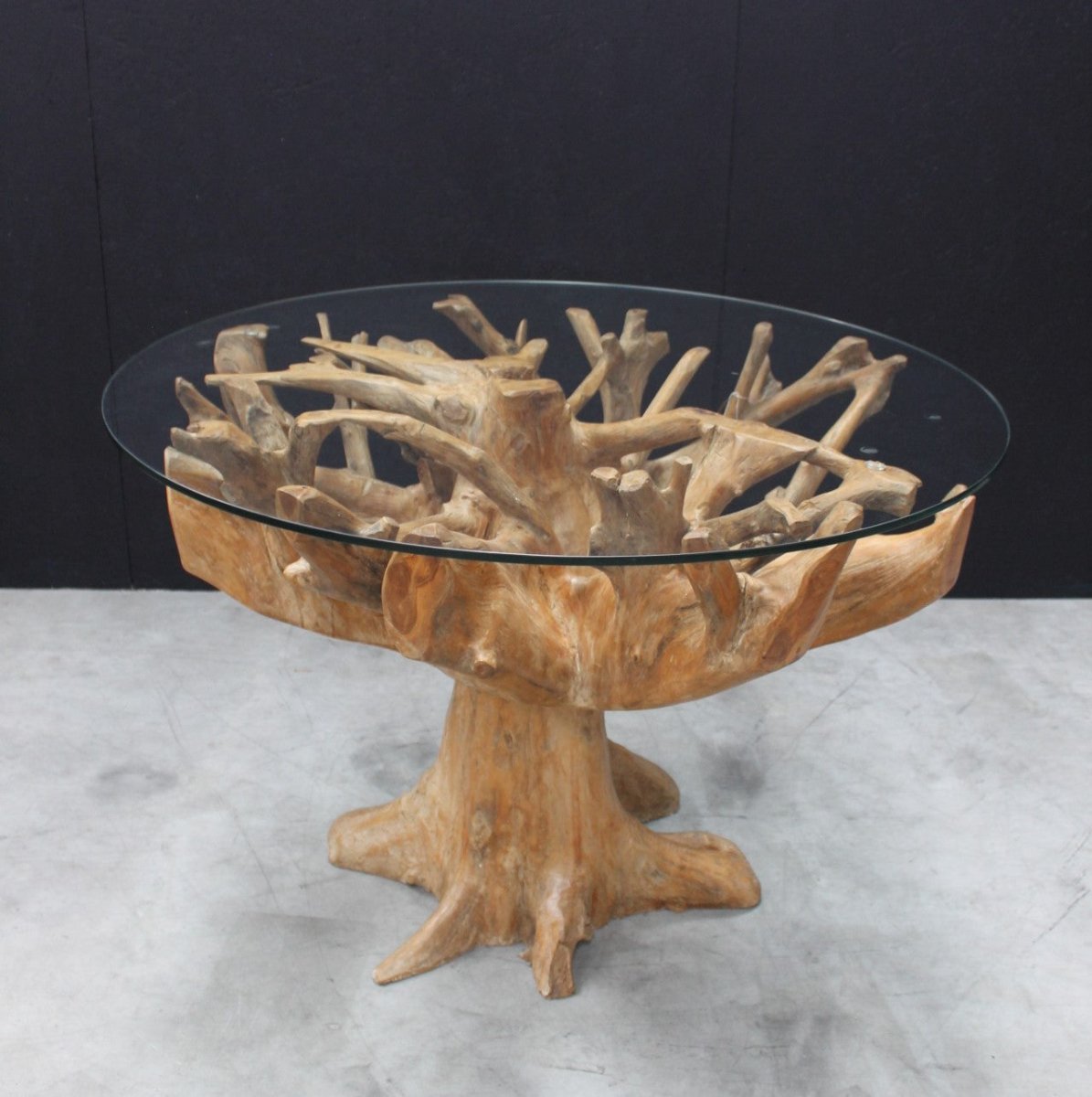 Teak Root 1.1m Round Dining Table with Glass Top - OPULENT Co