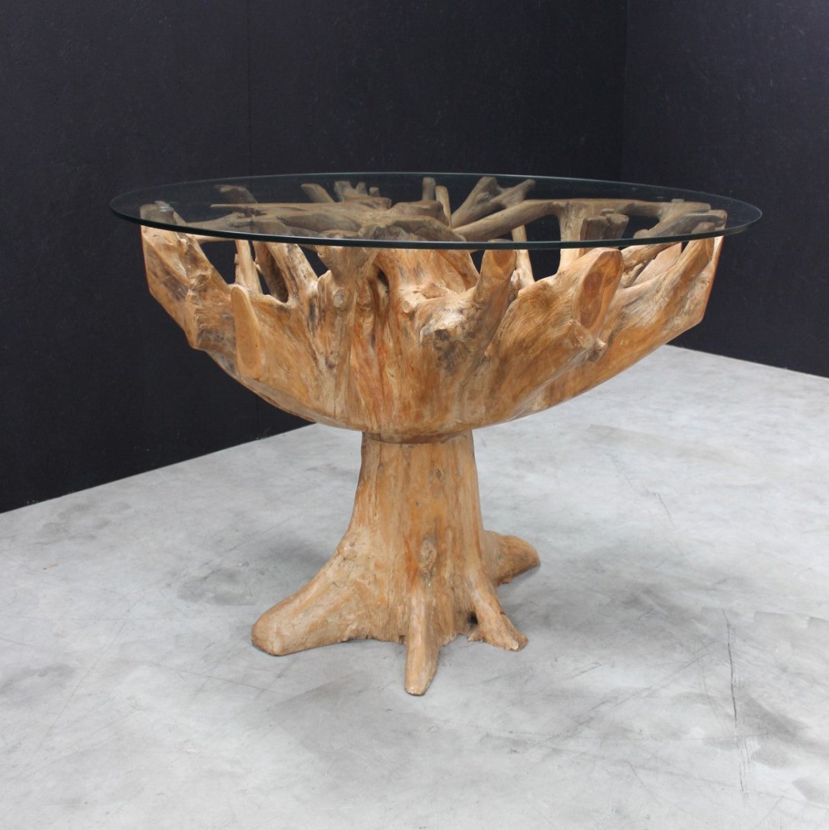 Teak Root 1.3m Round Dining Table with Glass Top - OPULENT Co