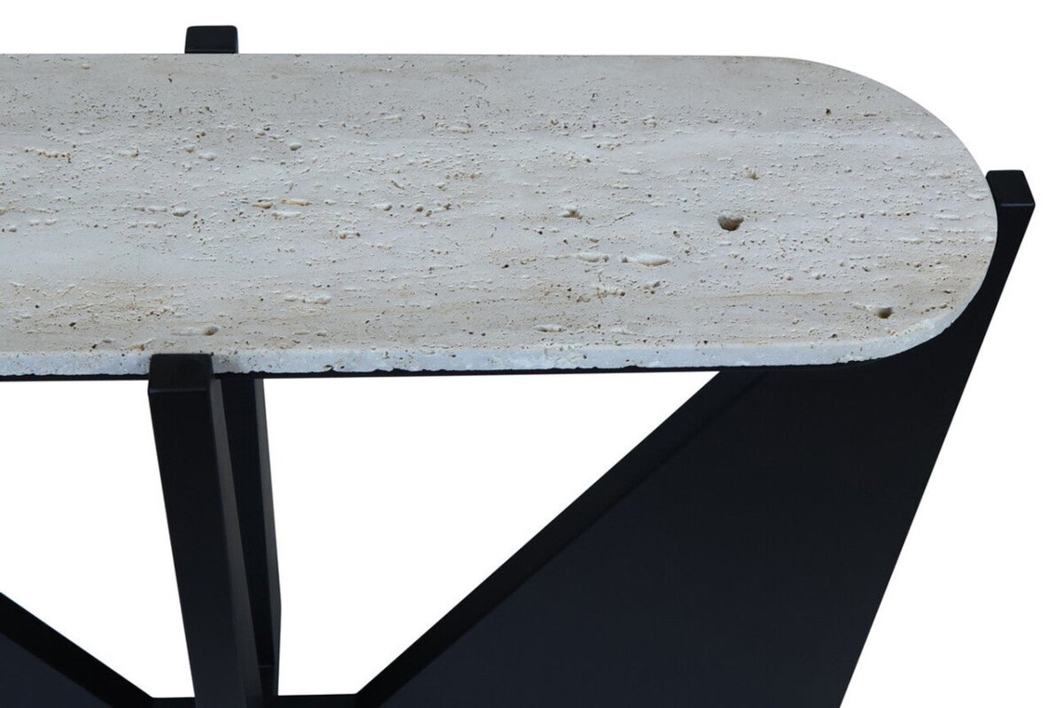 Wynford Travertine Top Console Table With Black Acacia Wood Legs - OPULENT Co