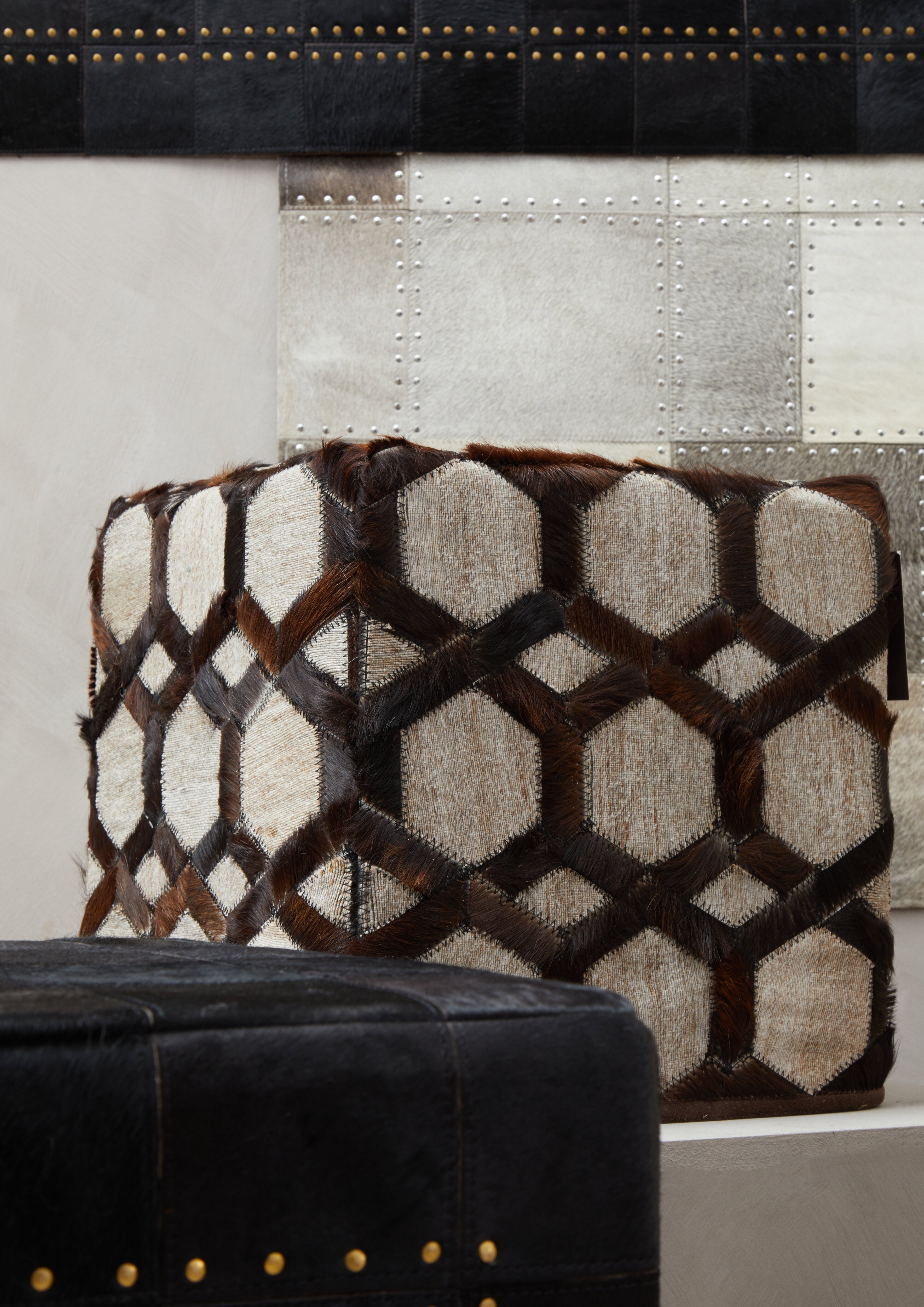 Fern Genuine Grey Leather Pouffe