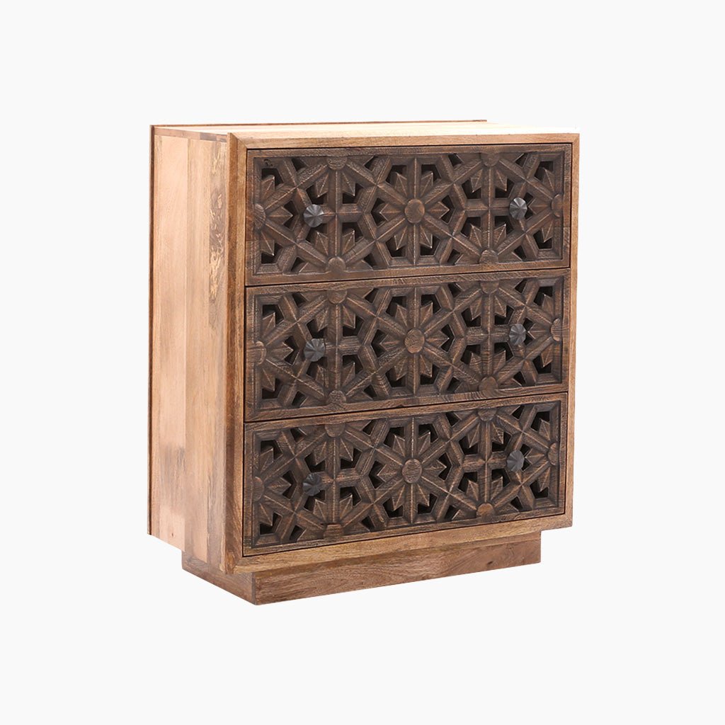 Zaayah Cut Work Wooden Three Chest of Drawers - OPULENT Co