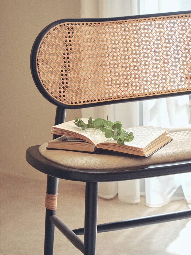 Nino Natural Cane Bench with Black Elm Wood Frame
