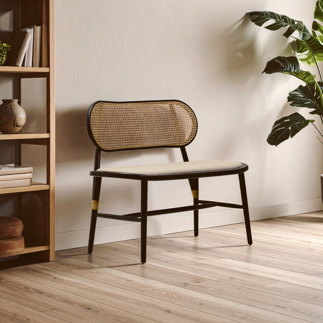 Nino Natural Cane Bench with Black Elm Wood Frame