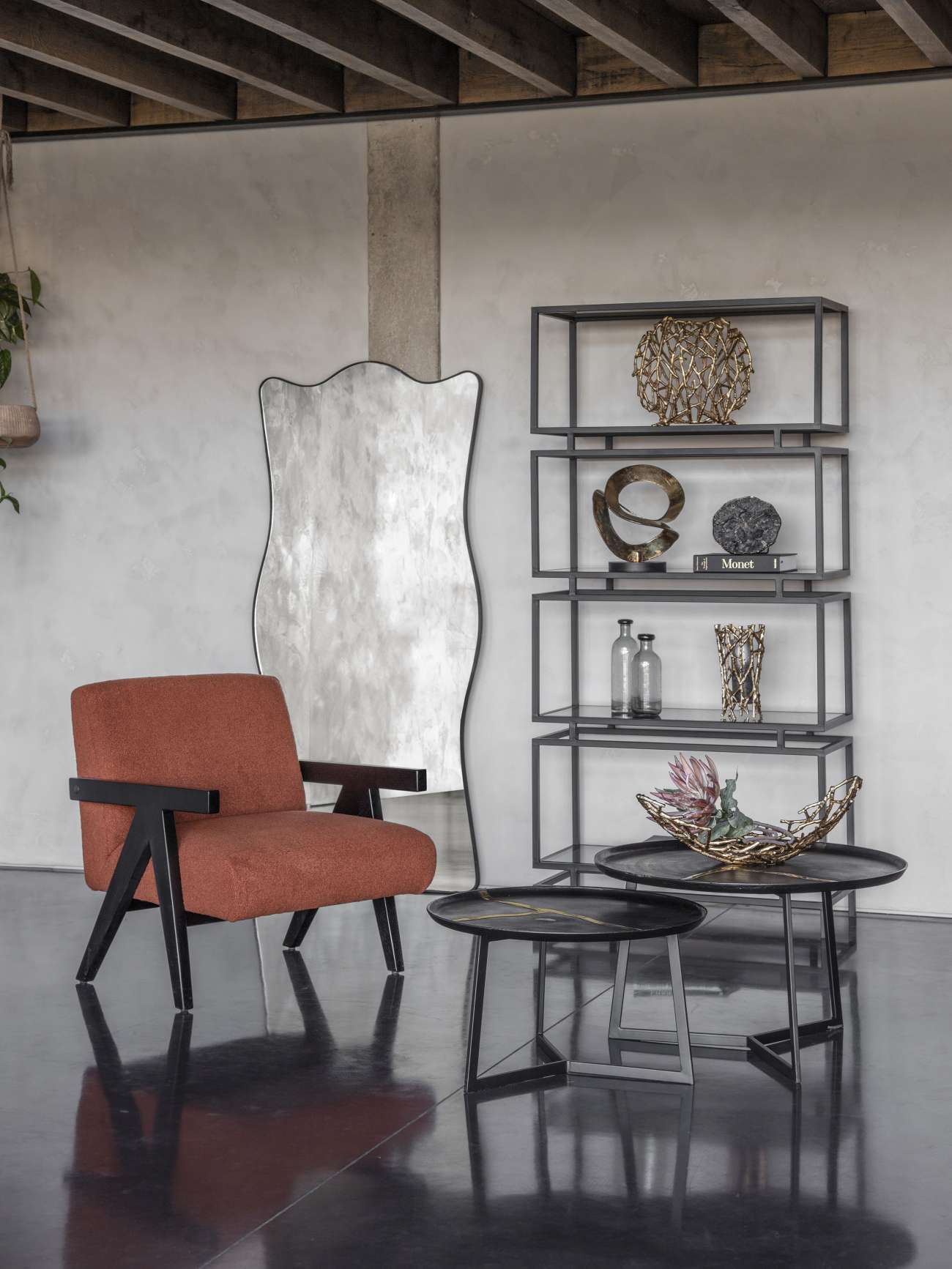 San Diego Wooden Frame Burnt Orange Boucle Armchair