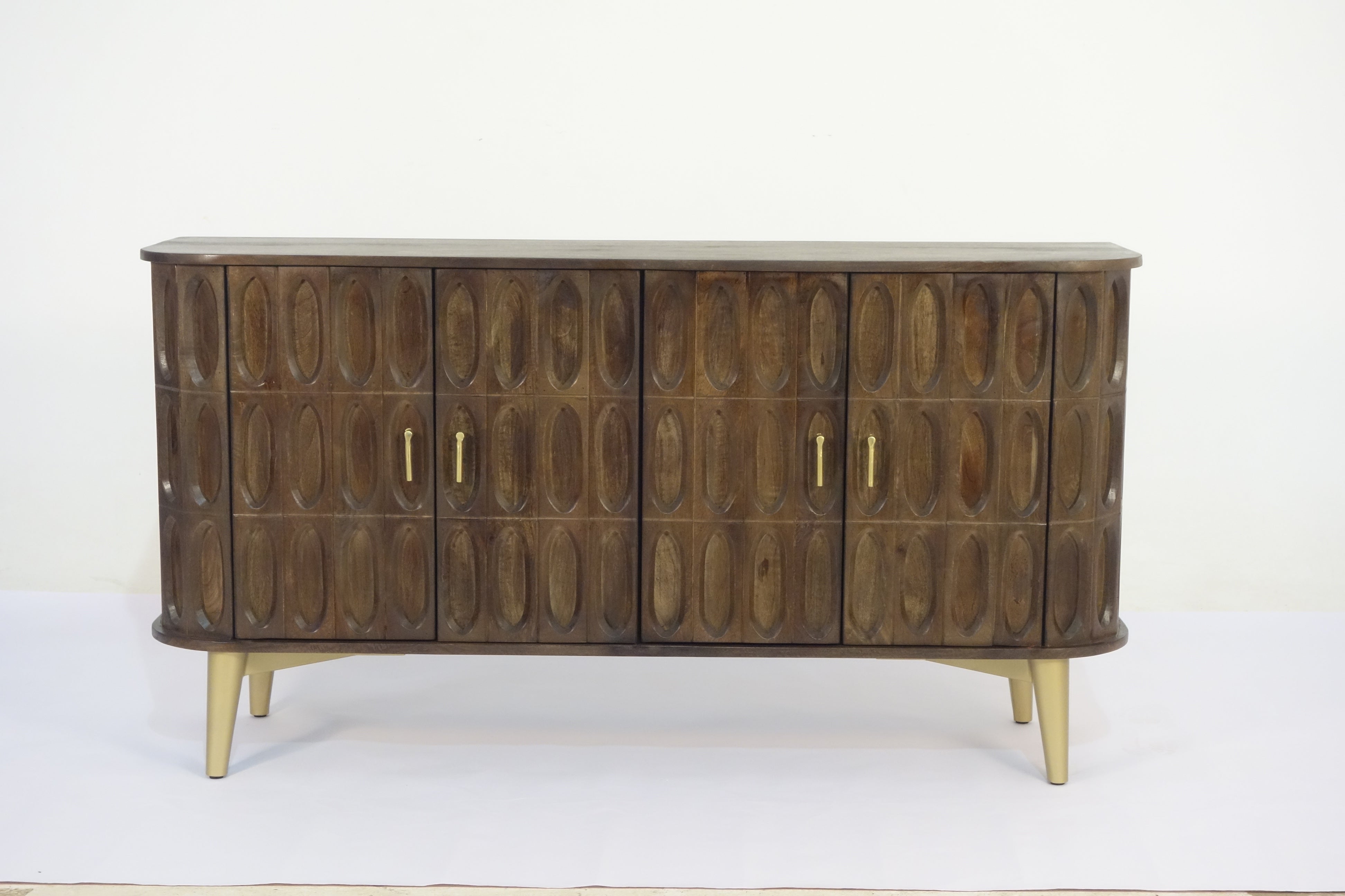 Wooden Carved Oval 4 Door Rounded Edge Side Board