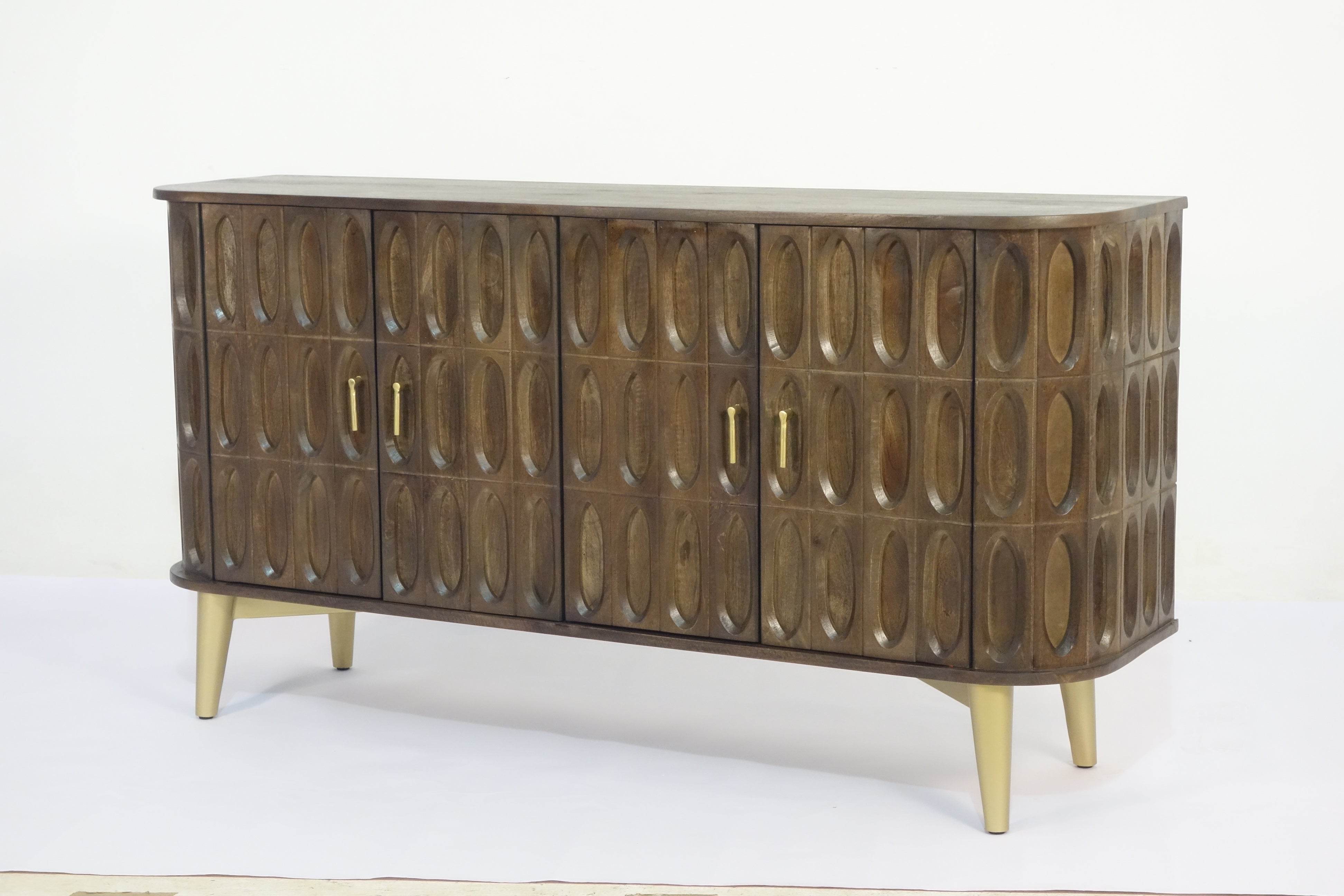 Wooden Carved Oval 4 Door Rounded Edge Side Board