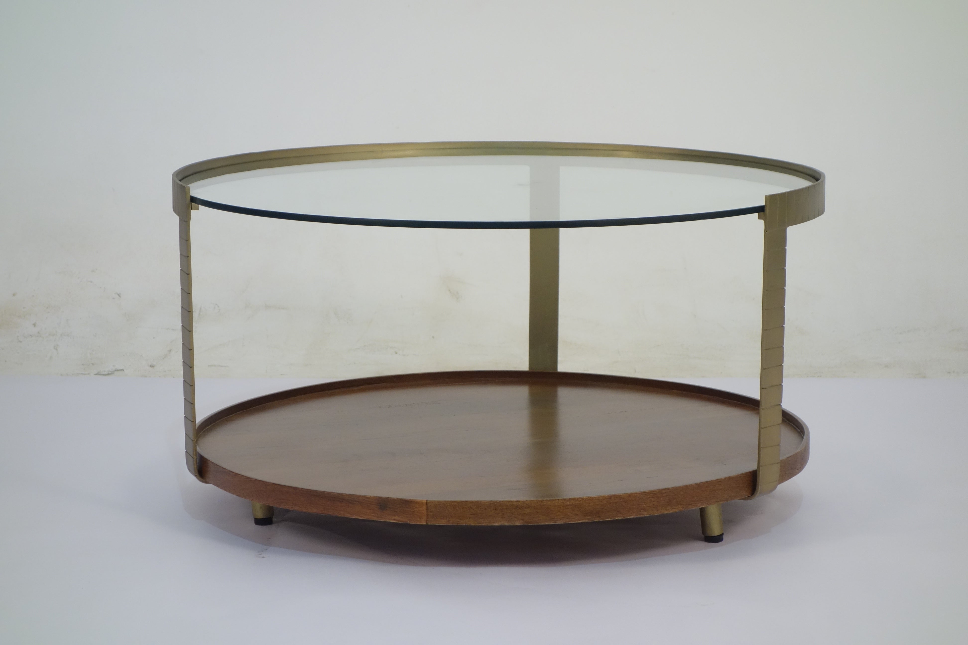 Iron Round Glass Wood Trey Coffee Table