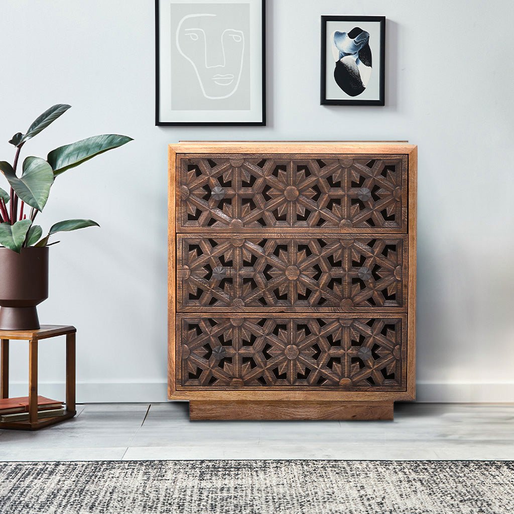 Zaayah Cut Work Wooden Three Chest of Drawers - OPULENT Co