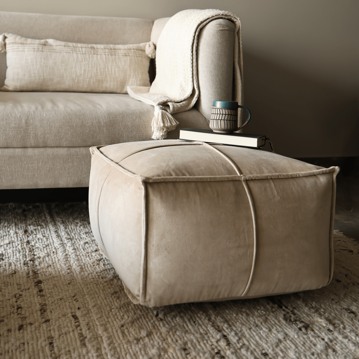 Tomos Beige Cotton Pouffe - OPULENT Co