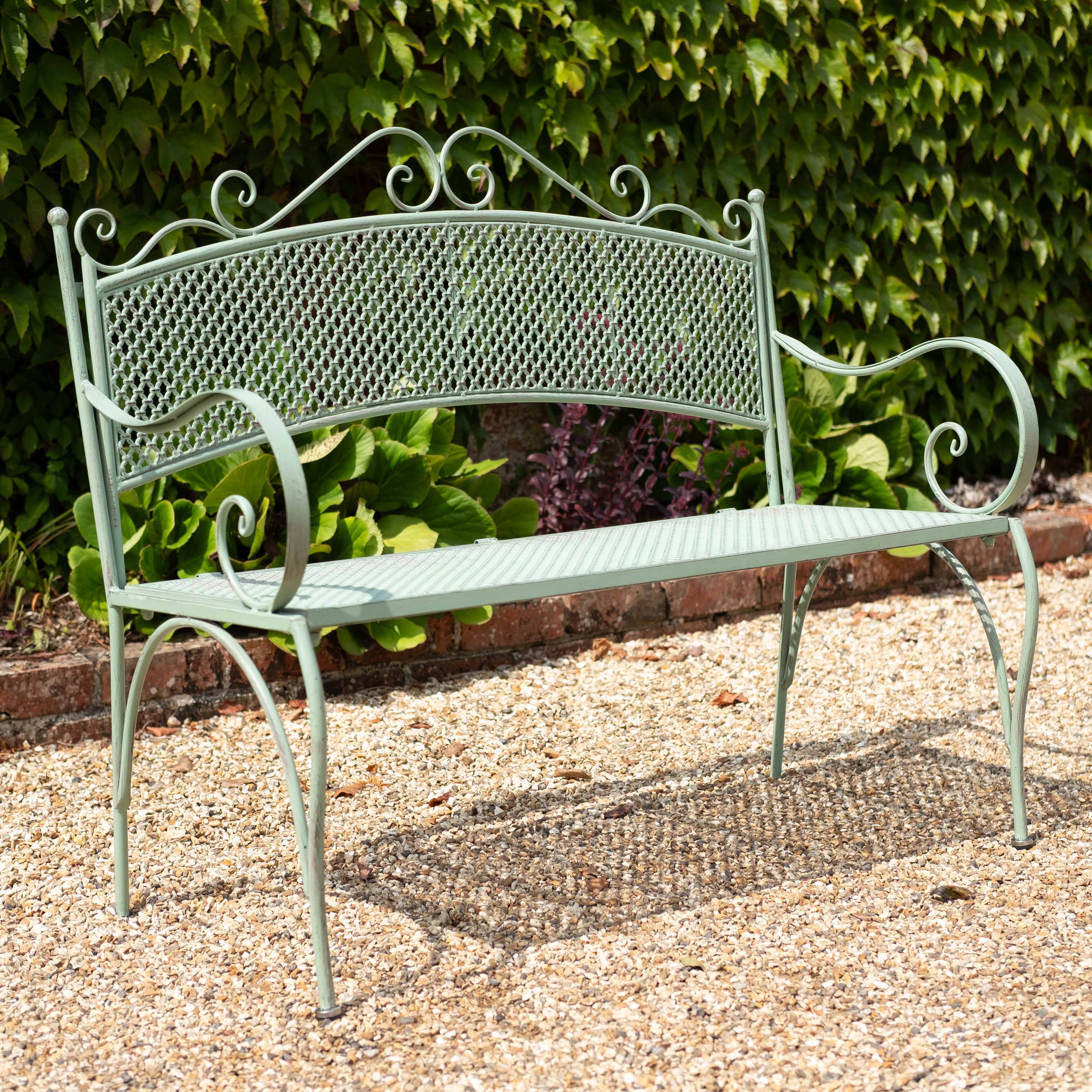 Sage Green Two Seater Metal Garden Bench | Aquitaine Range | Opulent Co