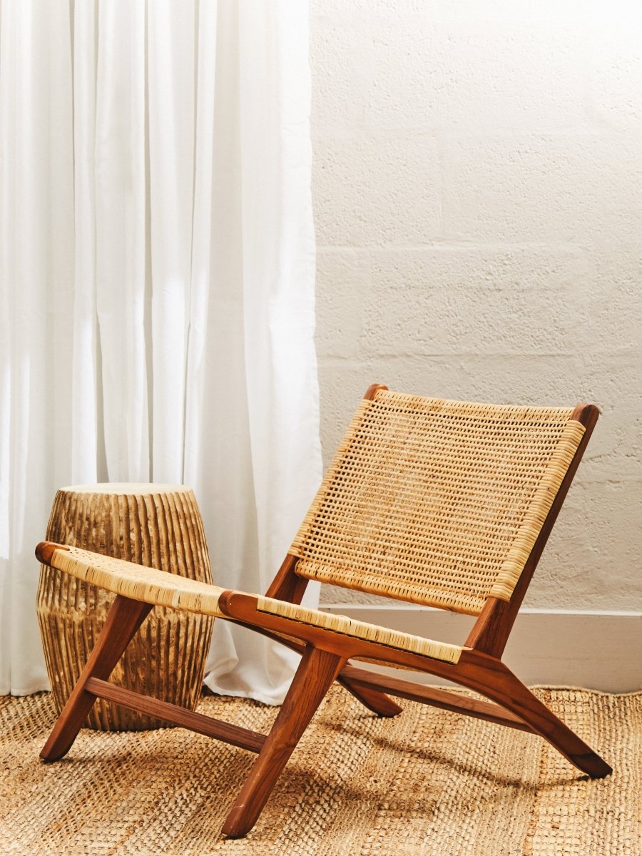 Elara Teak Wood And Natural Rattan Lounge Chair - OPULENT co
