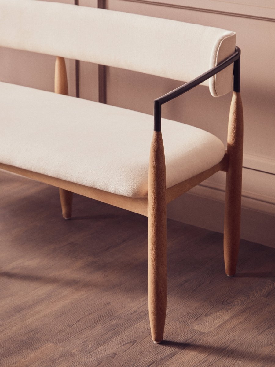 Marivon Bench Cream Textured Dining Bench With Wood Frame - OPULENT Co