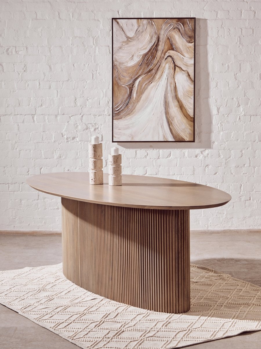 Morello Mango Wood Grey Finish Ridge Detail Oval Dining Table - OPULENT Co