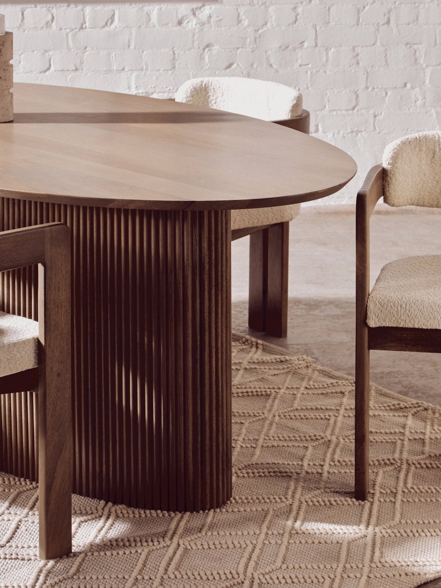 Morello Mango Wood Grey Finish Ridge Detail Oval Dining Table - OPULENT Co