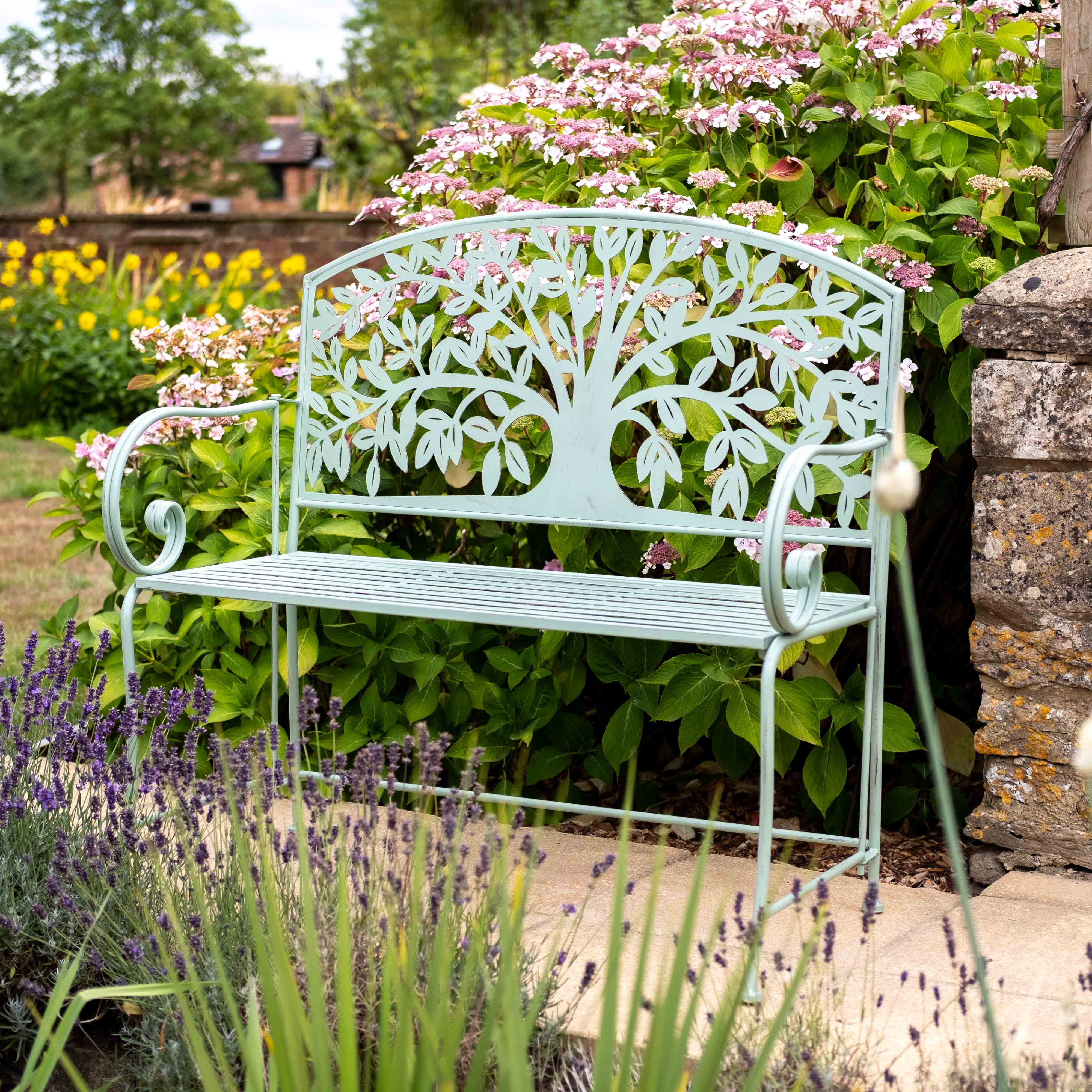 Tree of Life Metal Garden Bench in Woodland Green | Opulent Co