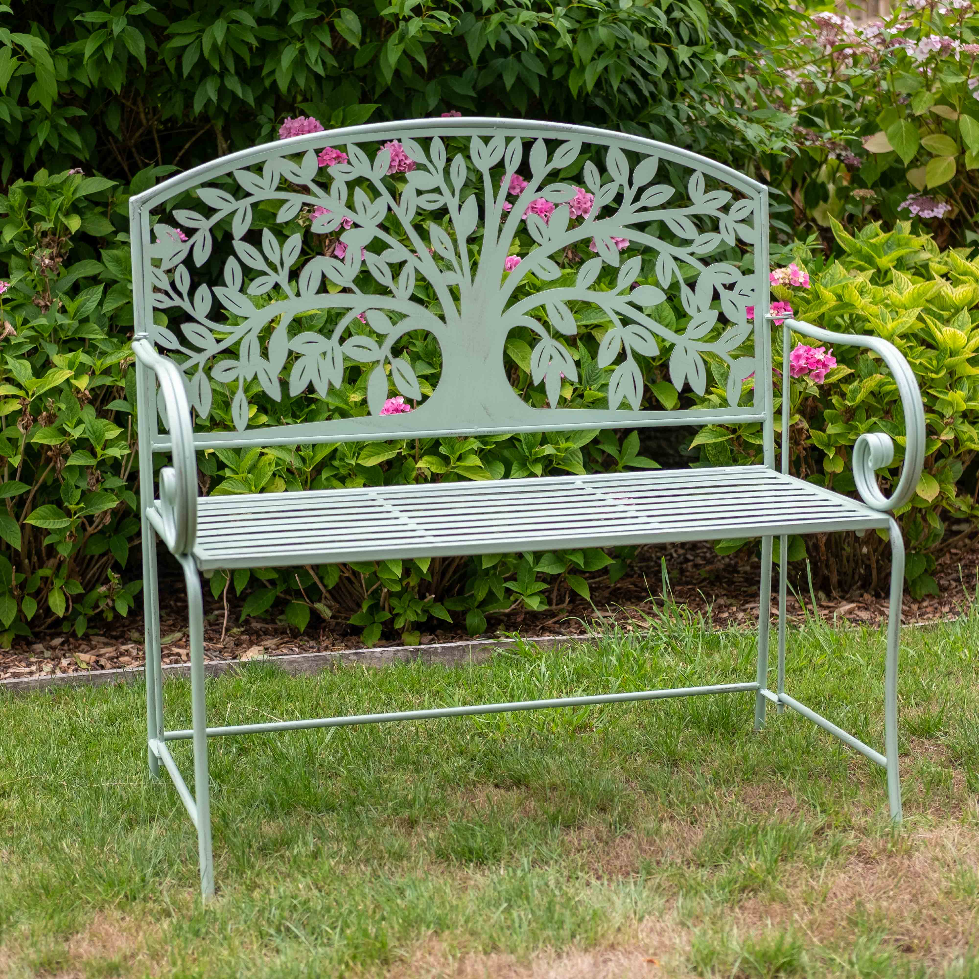 Tree of Life Metal Garden Bench in Woodland Green | Opulent Co