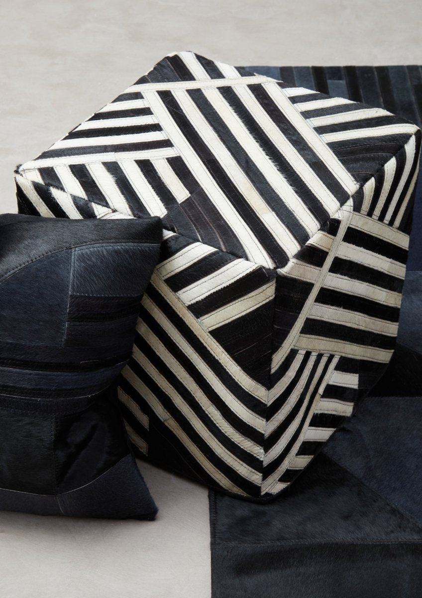 Wilde Safir Black And White Stripe Leather Pouffe - OPULENT co