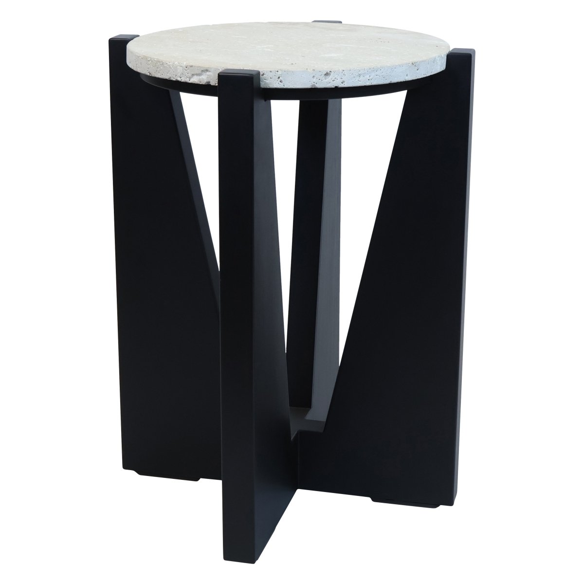Wynford Travertine Top Side Table With Black Acacia Wood Frame - OPULENT Co
